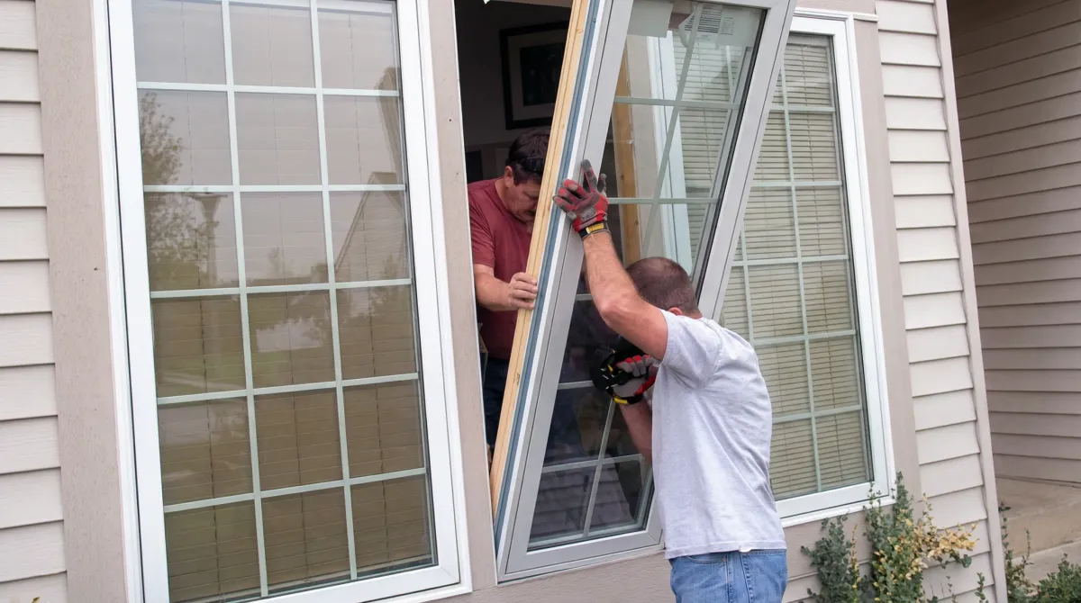 Professional home remodeling team installing a large replacement window on a house with tan siding in ,